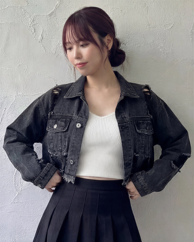 煙灰色做舊破洞毛邊短版牛仔外套