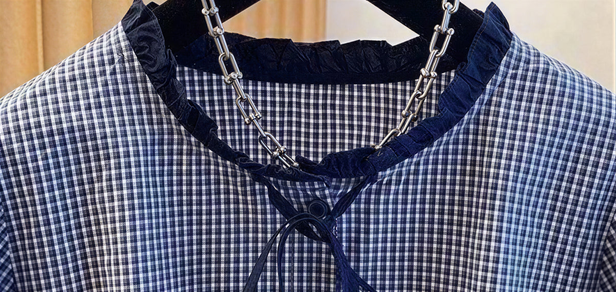 「秋季新品 」S-2XL 木耳邊綁帶格紋襯衫
