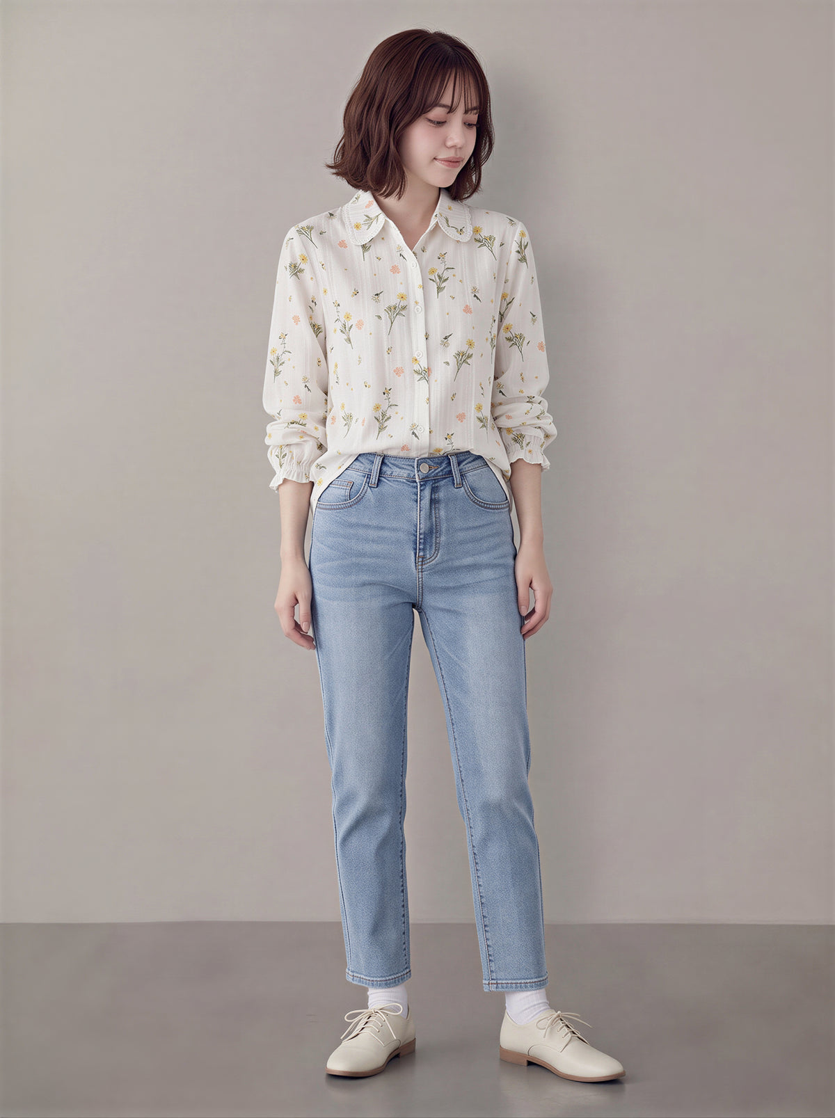 「秋季新品 」M-2XL 精選優質全棉 碎花木耳邊白色襯衫