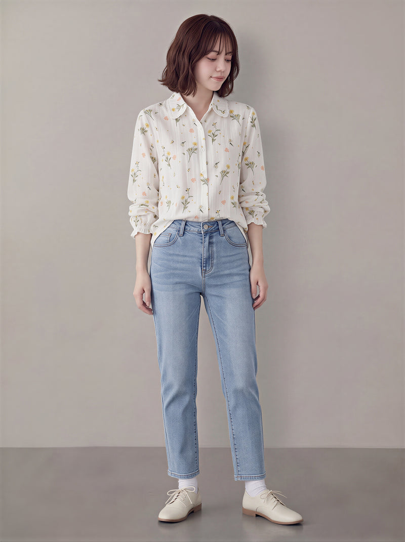 「秋季新品 」M-2XL 精選優質全棉 碎花木耳邊白色襯衫
