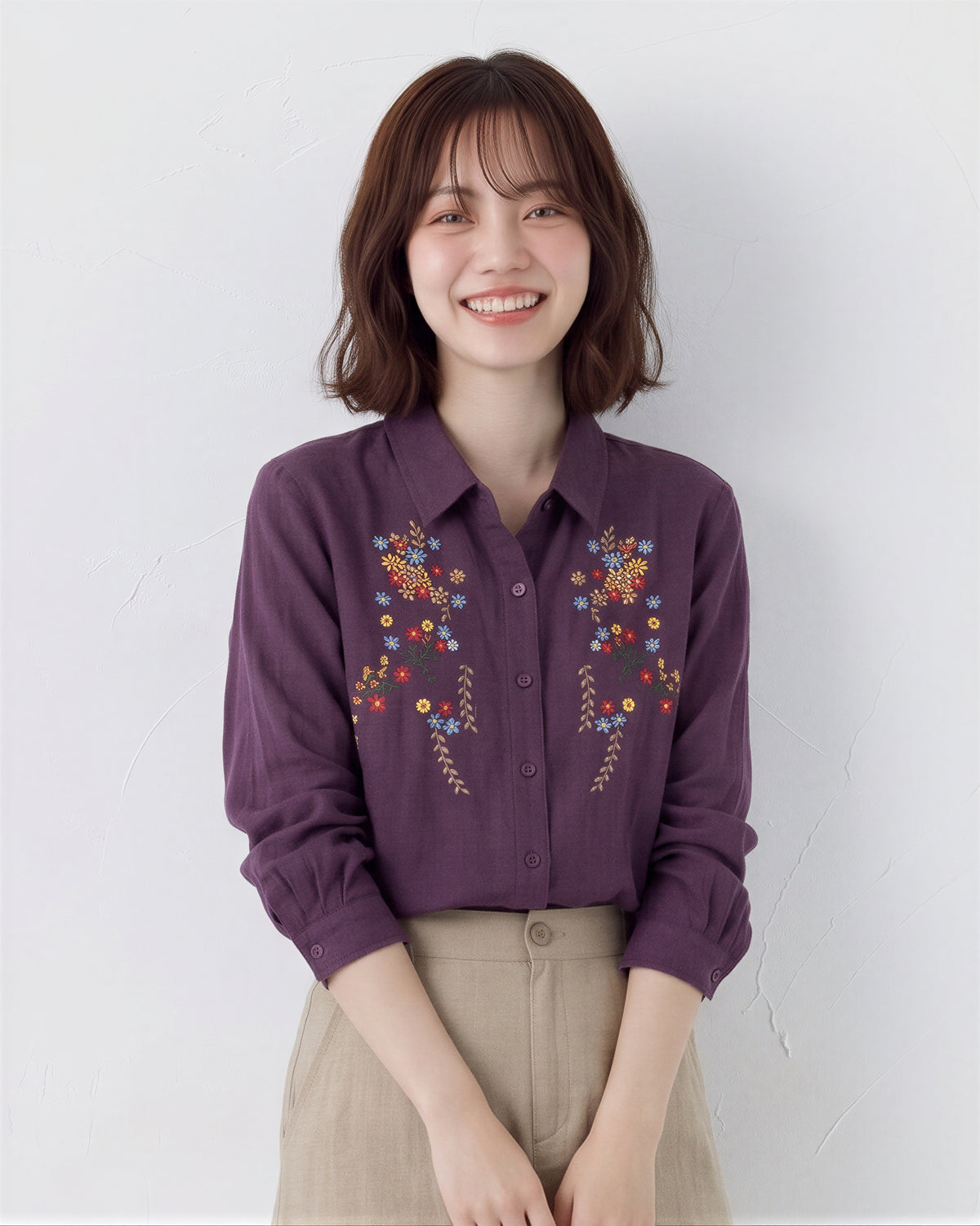 刺繡翻領寬鬆襯衫-紫色-均碼