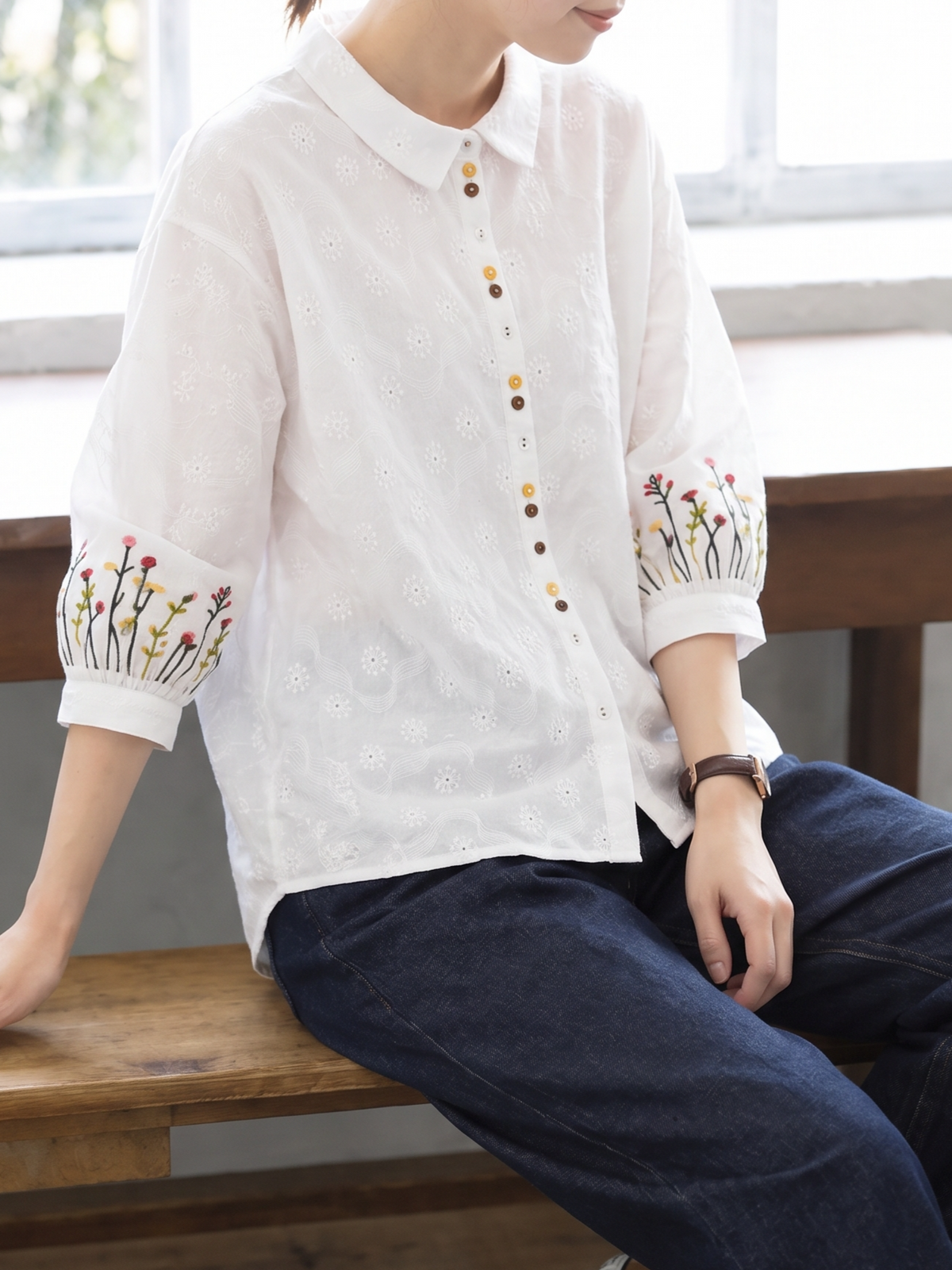 「3色」「秋季新品 」M-2XL 品質刺繡 全棉甄選 柔軟舒適 寬鬆小方領長袖襯衫
