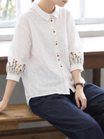「3色」「秋季新品 」M-2XL 品質刺繡 全棉甄選 柔軟舒適 寬鬆小方領長袖襯衫