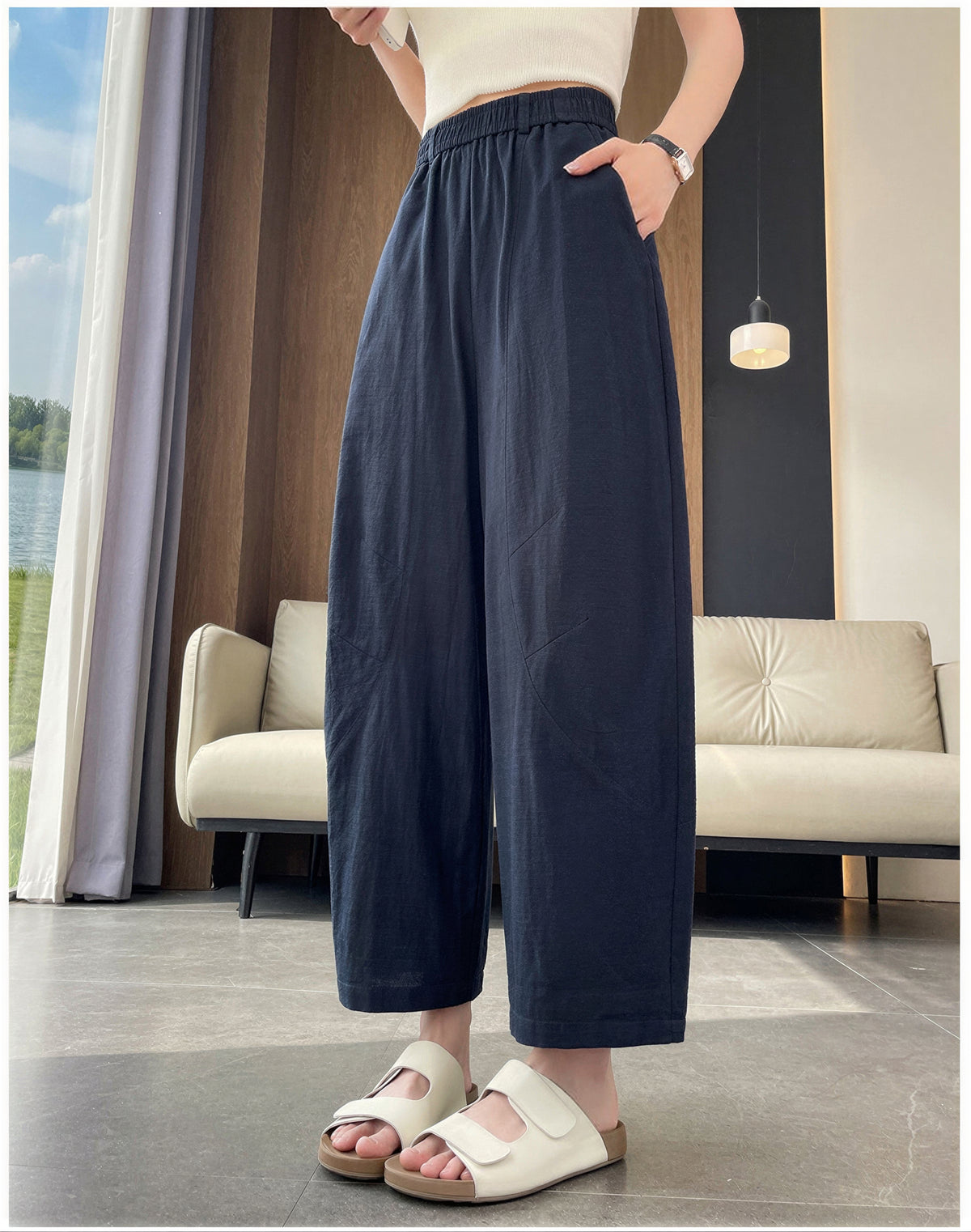 「多色」S-4XL 高腰鬆緊直筒寬褲
