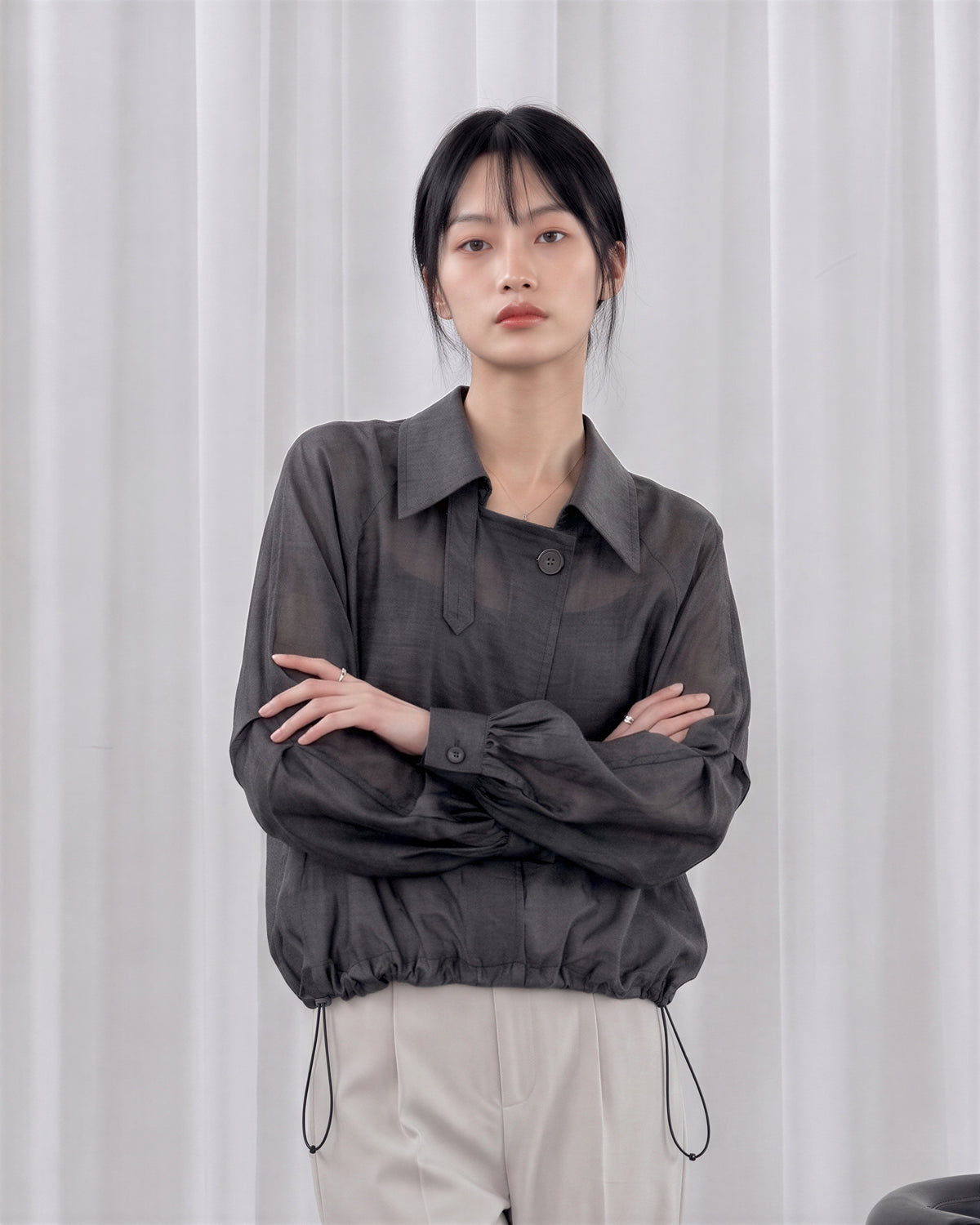 L-3XL 灰色抽繩收腰斜襟襯衫