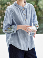 「3色」「秋季新品 」M-2XL 品質刺繡 全棉甄選 柔軟舒適 寬鬆小方領長袖襯衫