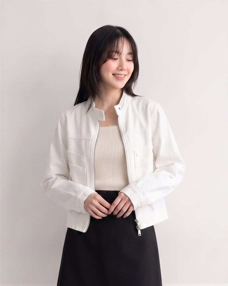 S-XL 白色立領短版 | 工裝夾克俐落外套