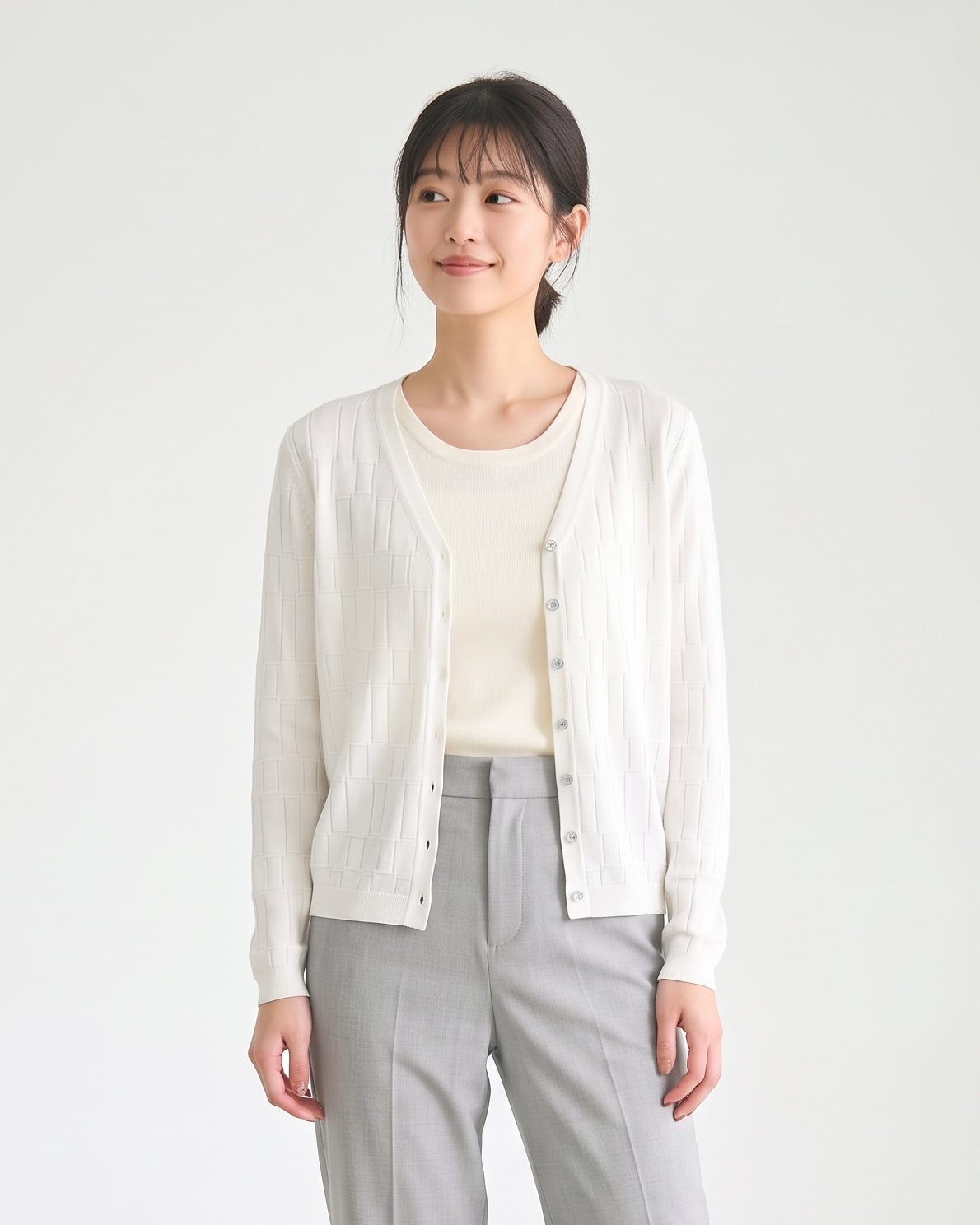 V領肌理修身針織開襟衫-白色-2XL