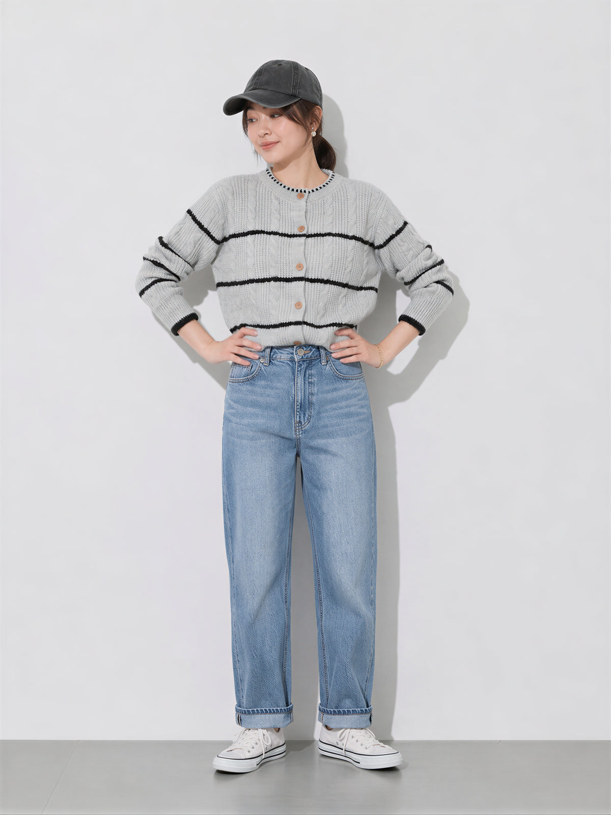 S~XL 灰色圓領條紋針織開襟衫