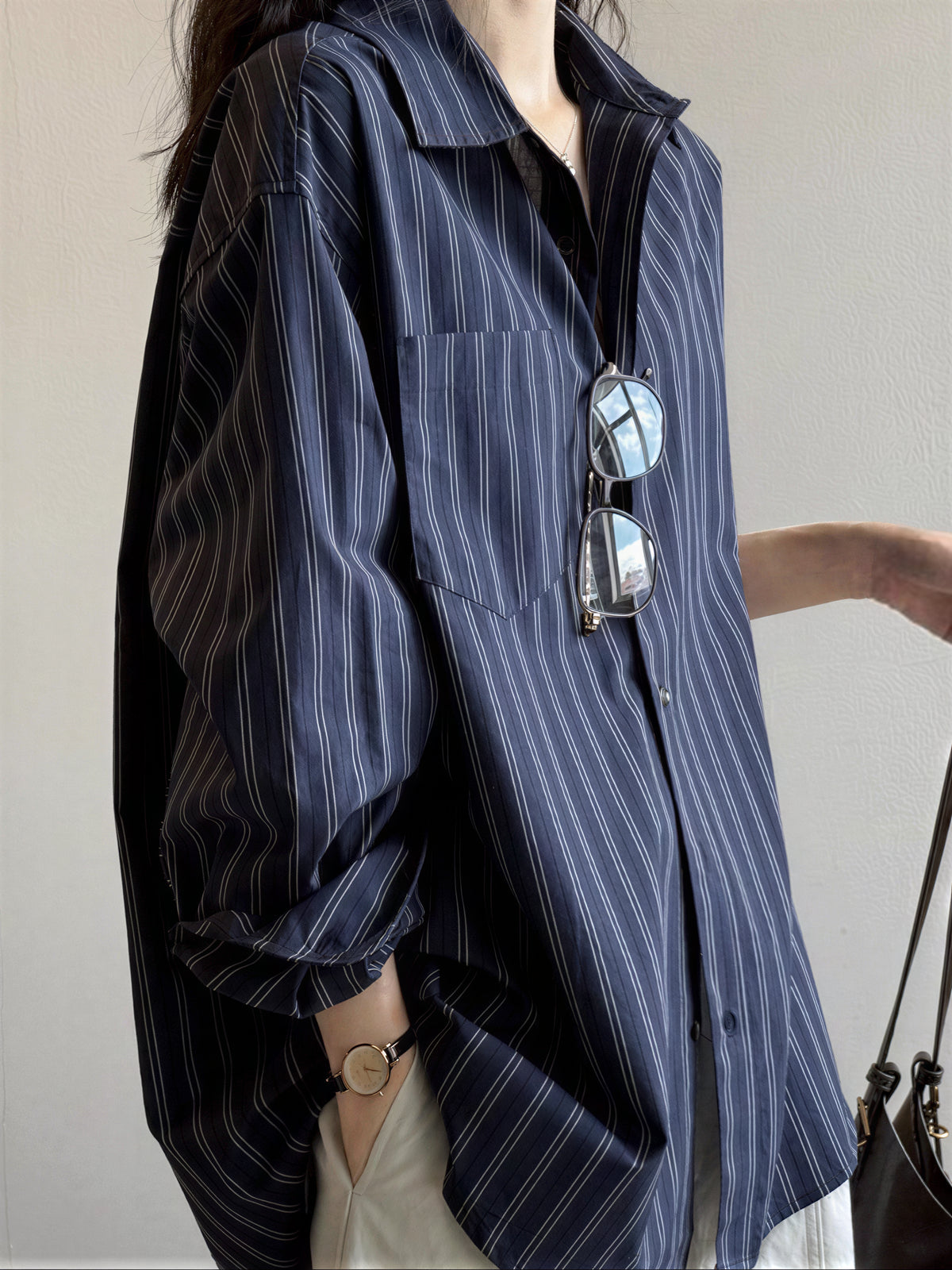「兩色」「秋季新品 」S-XL 寬鬆條紋拼接口袋襯衫