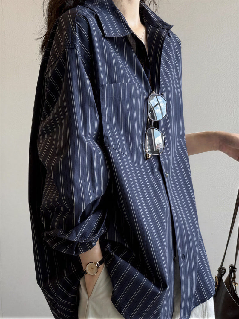 「兩色」「秋季新品 」S-XL 寬鬆條紋拼接口袋襯衫