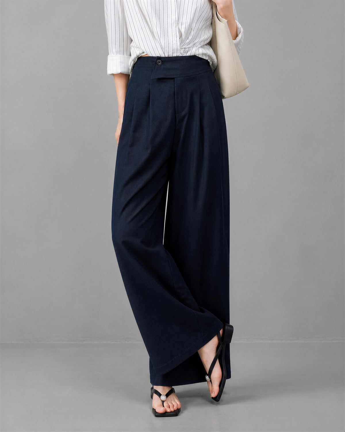「秋季新品 」S-XL 深藍色高腰垂墜感不對稱寬褲