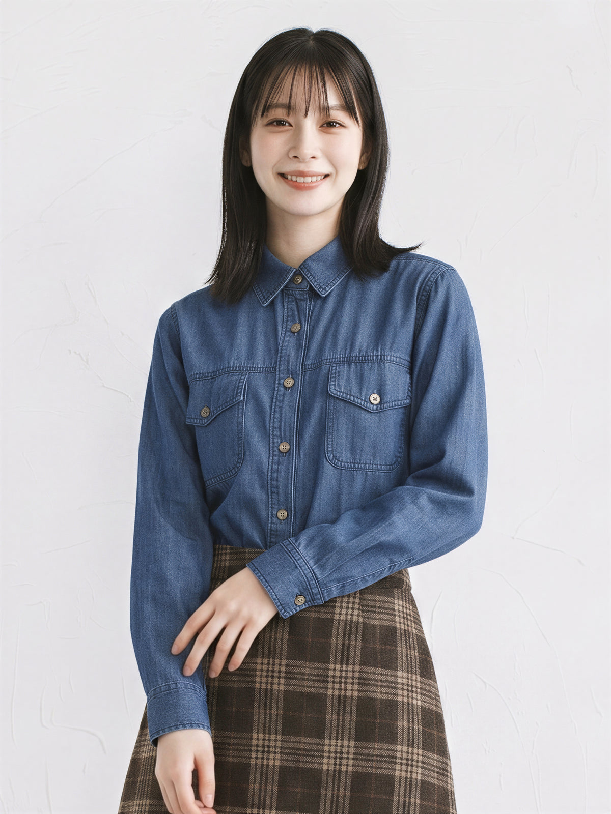 牛仔感雙口袋短版襯衫