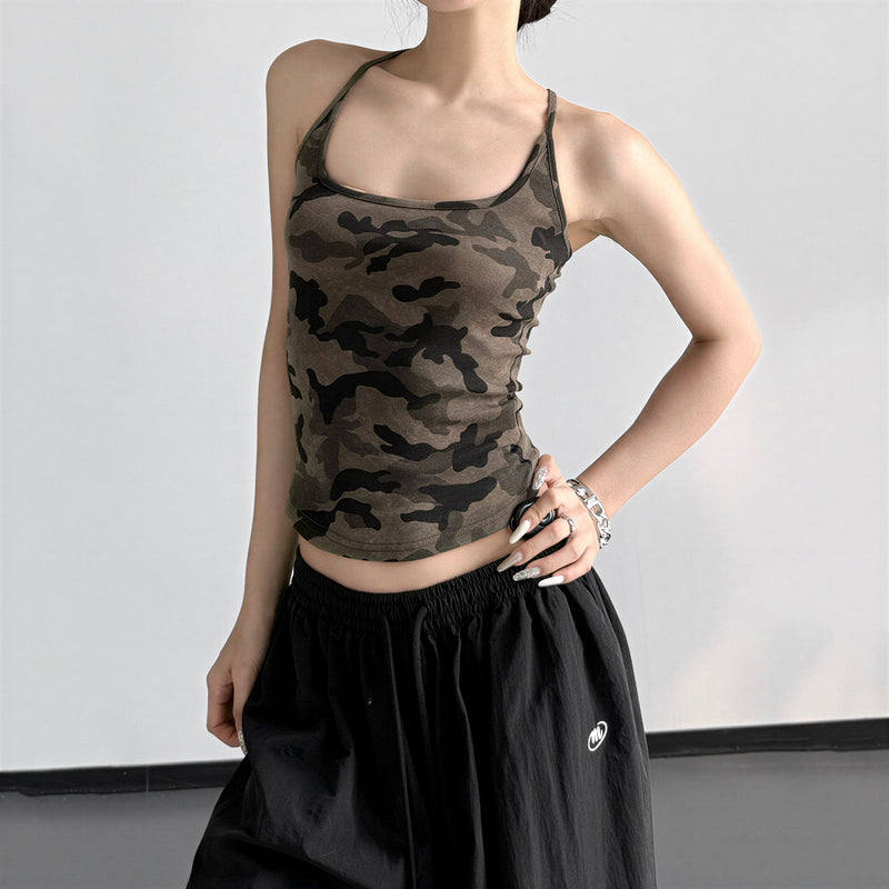 S-XL 迷彩修身細肩帶吊帶背心