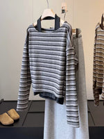「兩色」S-XL 斜肩露膚條紋假兩件T恤