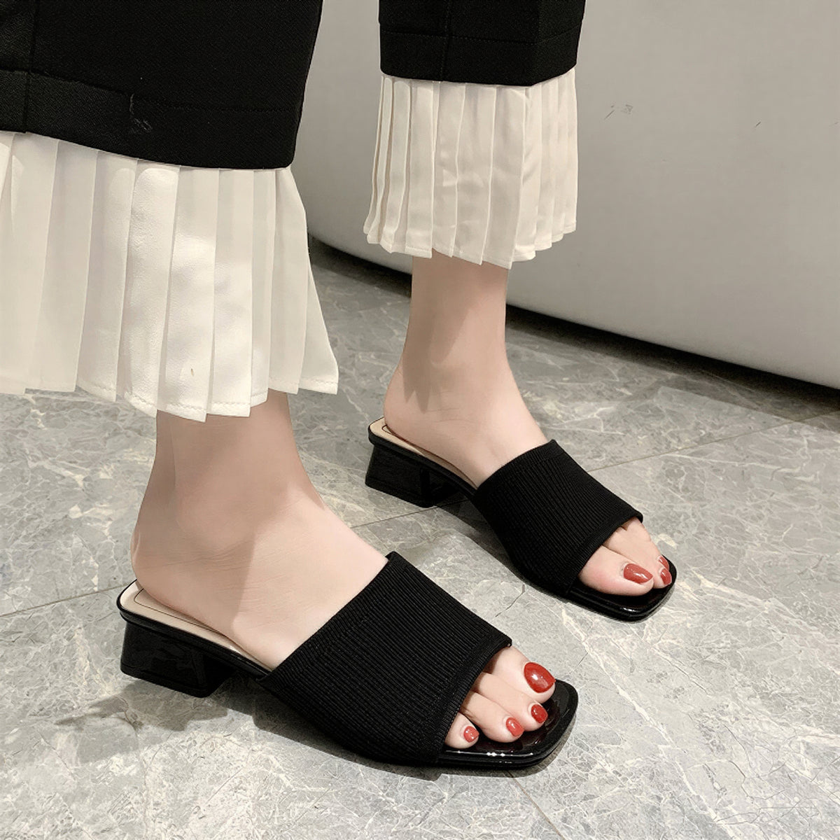 針織紋理 方頭粗跟 女款粗跟一字拖涼拖鞋
