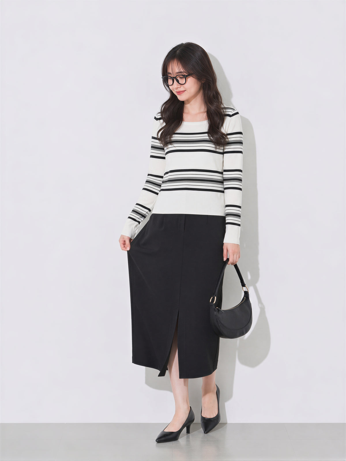 M-2XL 方領修身條紋長袖T