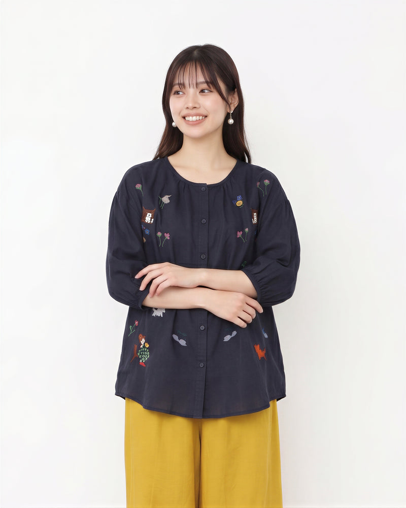 M-4XL 寬鬆刺繡燈籠袖襯衫