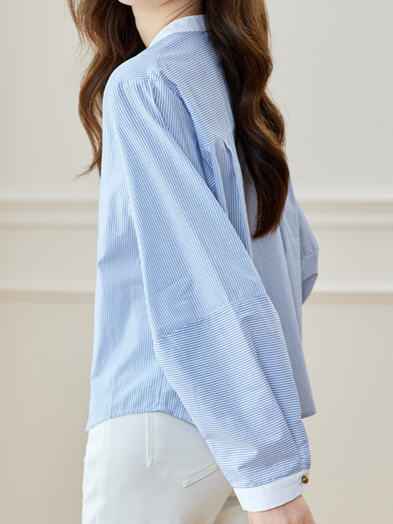 「秋季新品 」 M-2XL 立領條紋燈籠袖襯衫