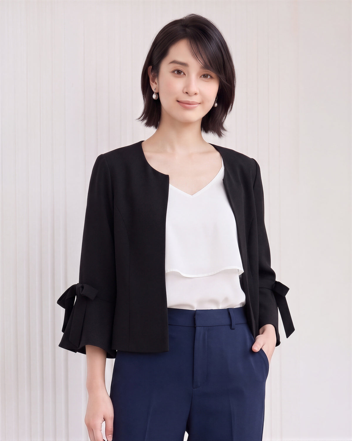 「秋季新品 」「3色」S-2XL 圓領荷葉袖綁帶西裝外套