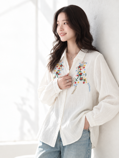 「3色」「秋季新品 」M-XL 品質刺繡 全棉甄選 長袖翻領寬鬆襯衫