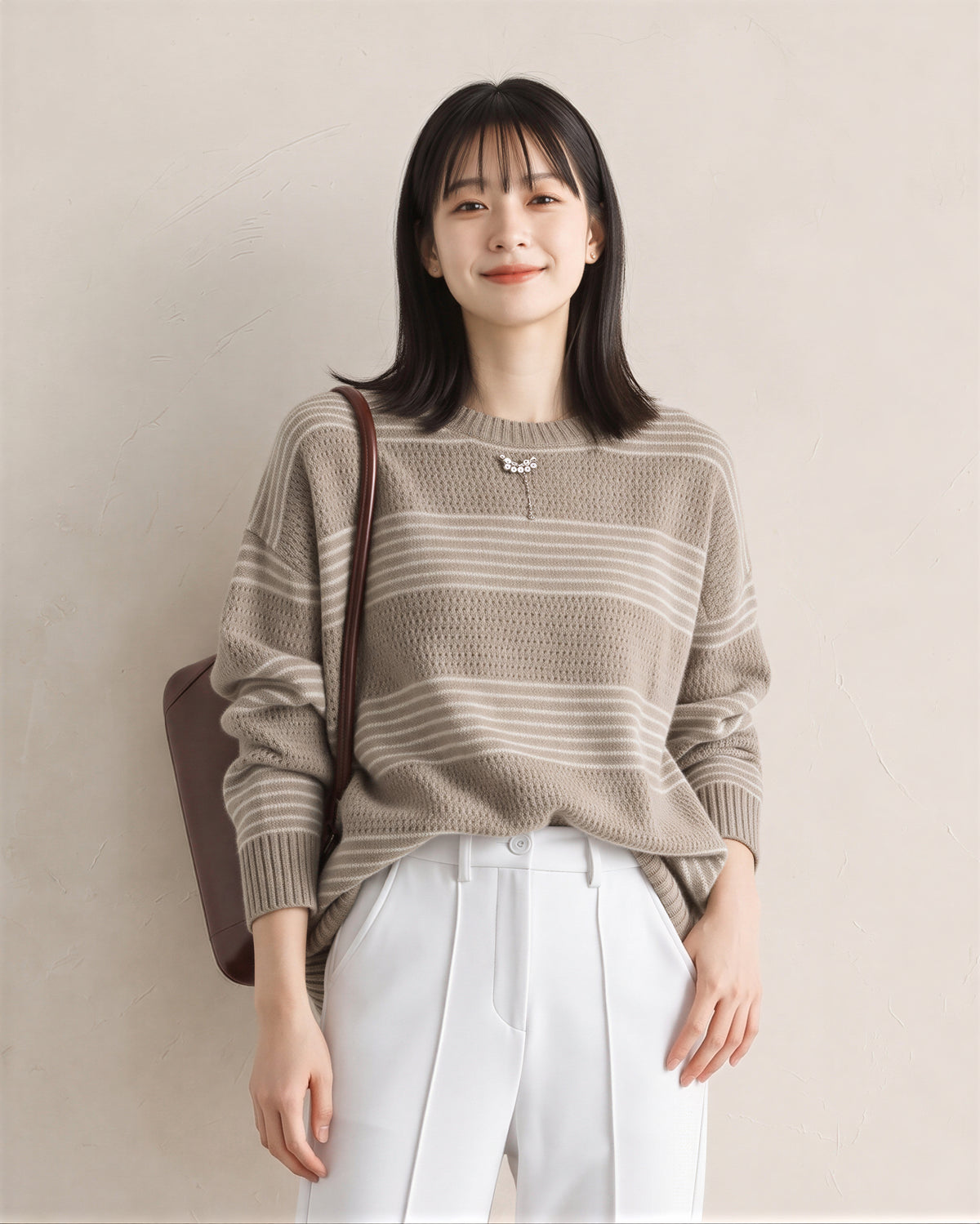 「秋季新品 」「兩色」條紋寬鬆落肩針織衫