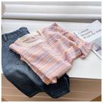 「秋季新品 」S-XL 淺粉色細條紋圓領長袖T恤