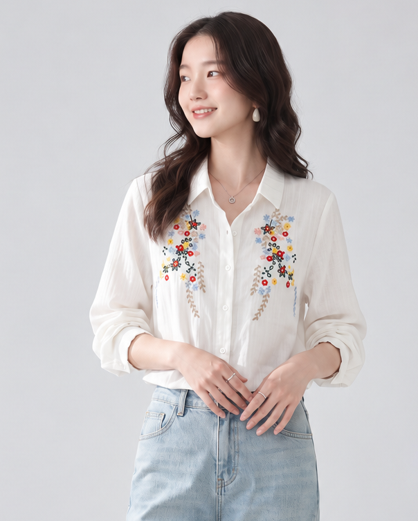 「3色」「秋季新品 」M-XL 品質刺繡 全棉甄選 長袖翻領寬鬆襯衫