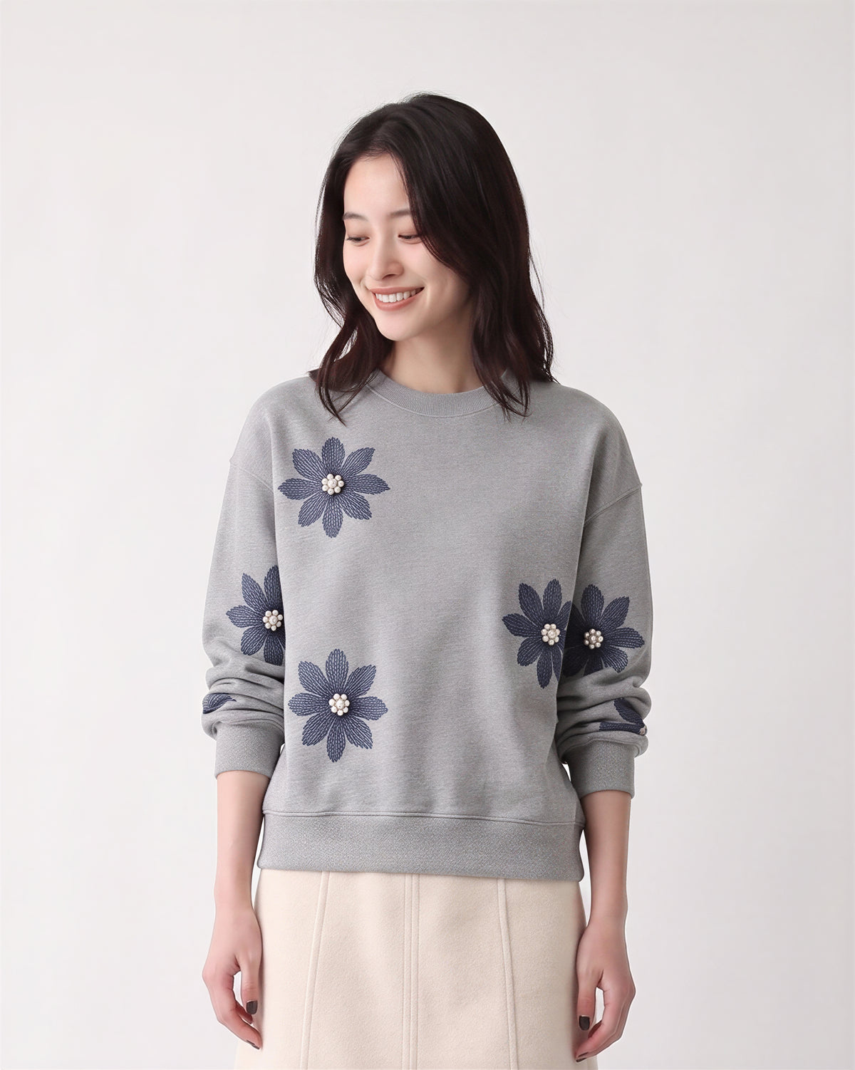 「秋季新品 」S-3XL 立體花朵寬鬆灰色衛衣