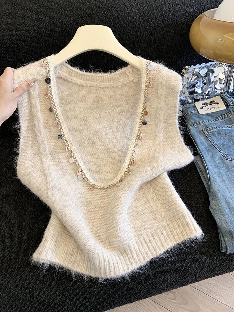 S-XL 米色珠飾V領毛絨感針織背心