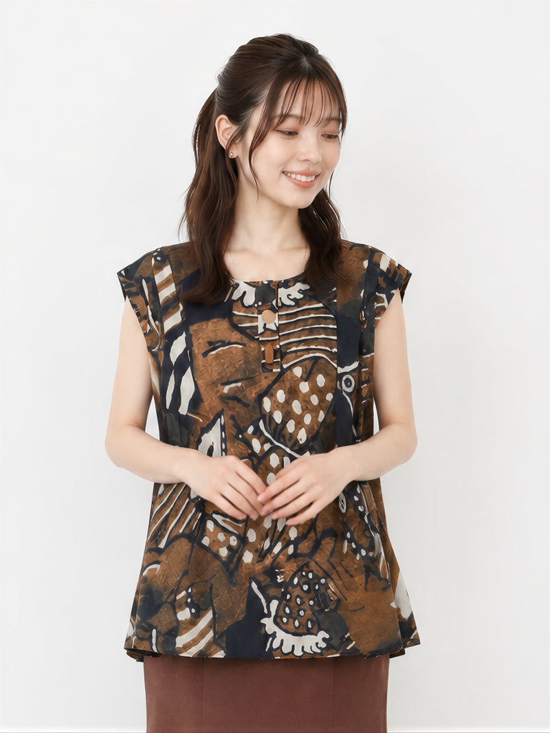 M-2XL 寬鬆A字擺印花無袖襯衫