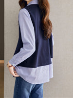 「兩色」「秋季新品 」M-2XL 條紋拼接錯位下擺假兩件襯衫
