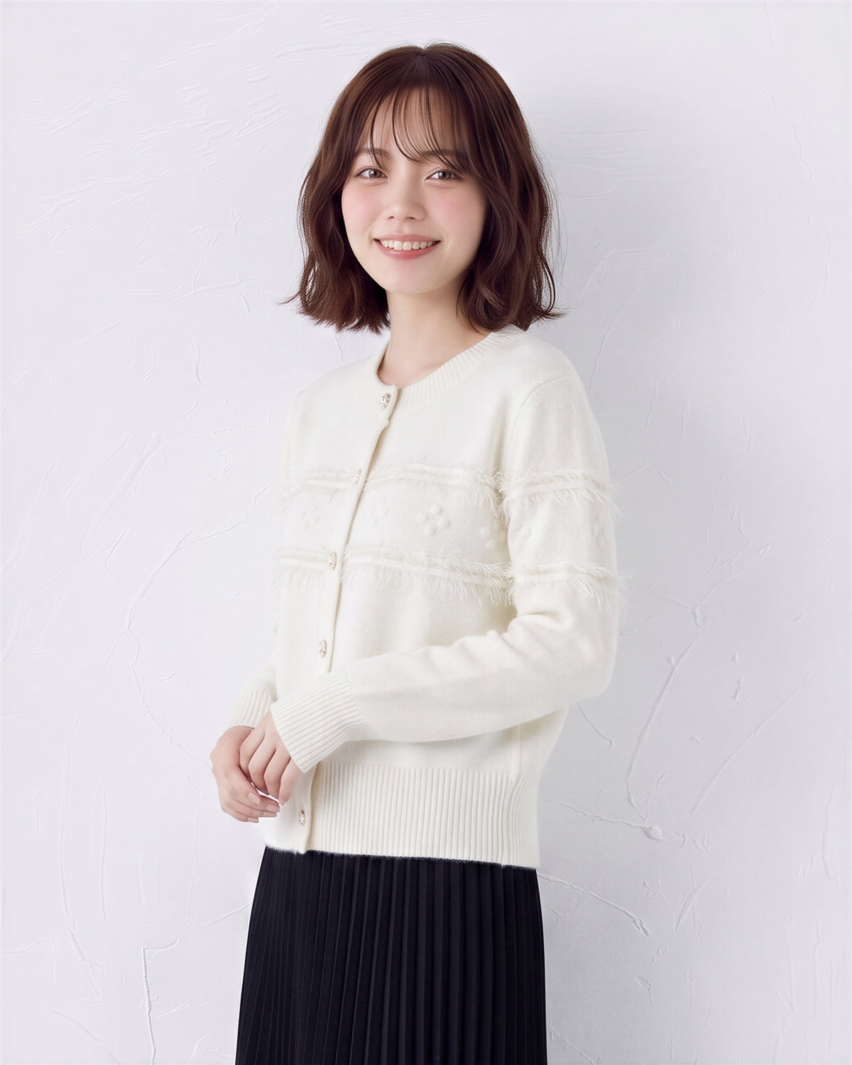 「秋季新品 」珍珠釦立體花邊針織開襟衫