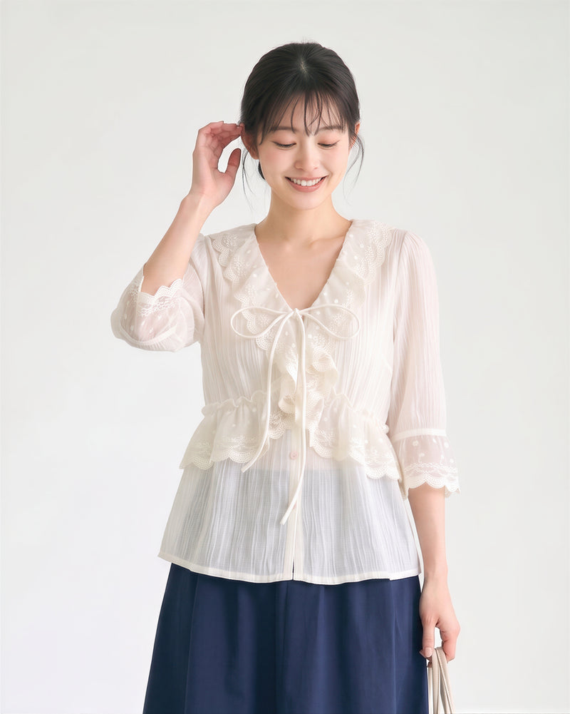S-XL 秋日蕾絲荷葉邊綁帶長袖襯衫