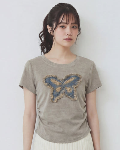 蝴蝶立體毛邊貼布 圓領短袖T恤-淺米色-5XL