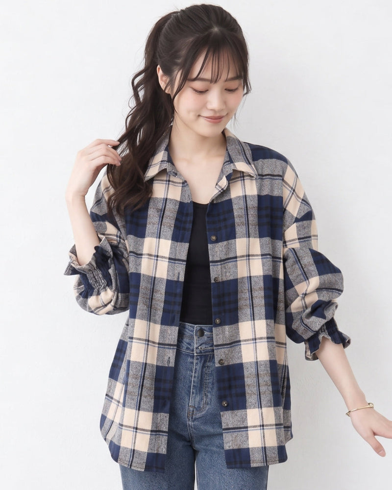 「秋季新品 」寬鬆格紋翻領襯衫