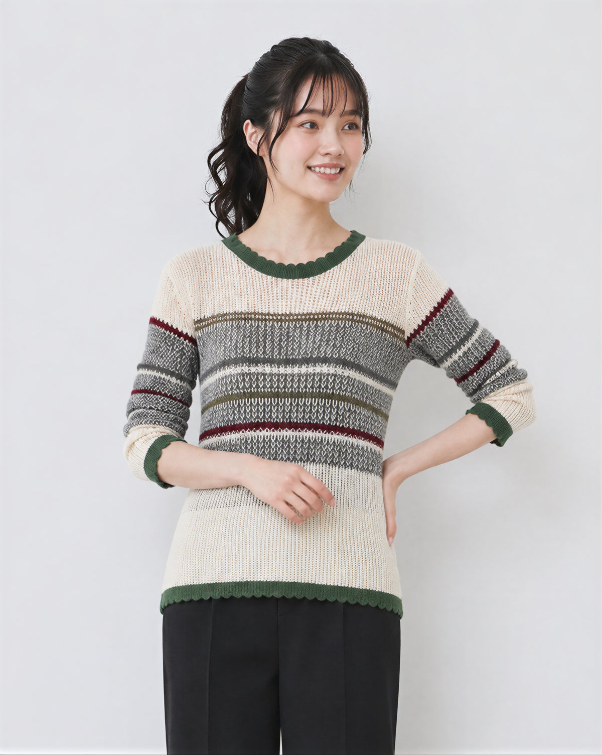 「秋季新品 」條紋拼接 波浪邊 修身針織衫