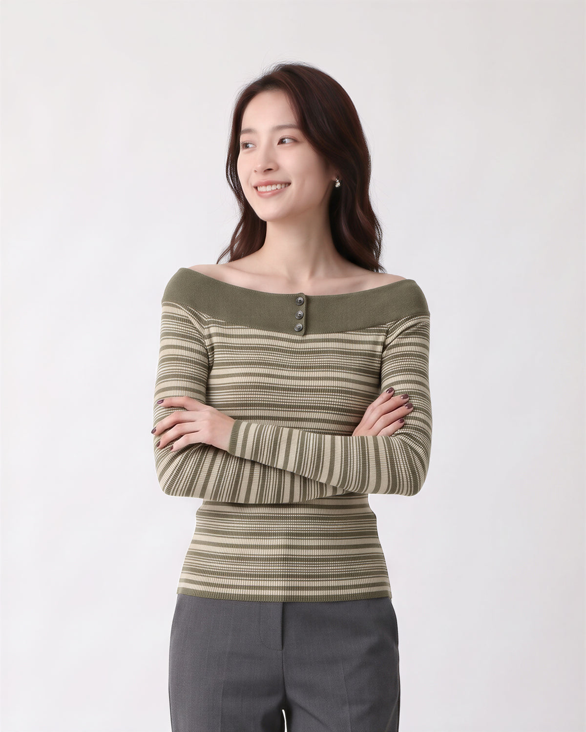 「秋季新品 」S-XL 一字領條紋修身針織衫