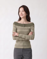 「秋季新品 」S-XL 一字領條紋修身針織衫