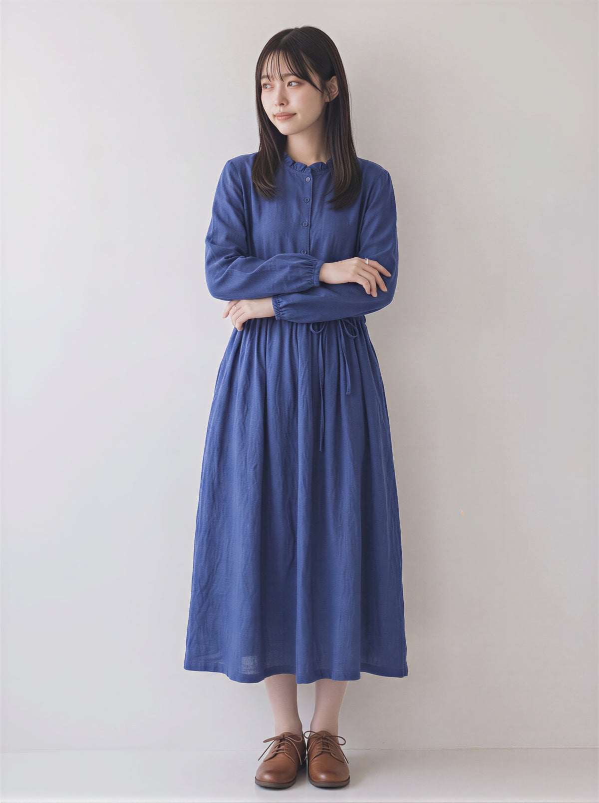 「秋季新品 」M-2XL木耳邊立領收腰棉麻洋裝