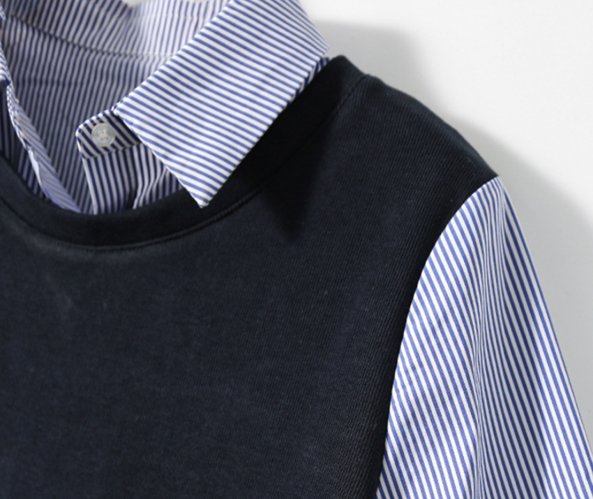 「兩色」「秋季新品 」M-2XL 條紋拼接錯位下擺假兩件襯衫