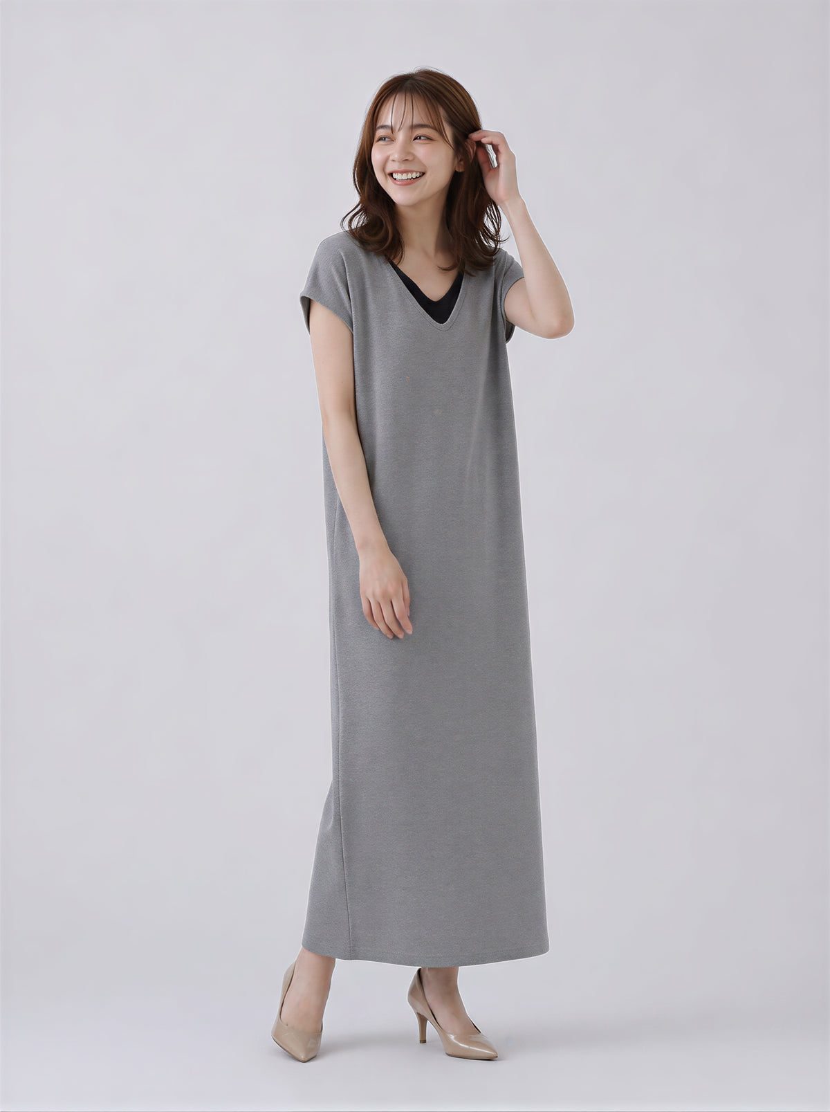 M-2XL 層疊V領直筒長版洋裝