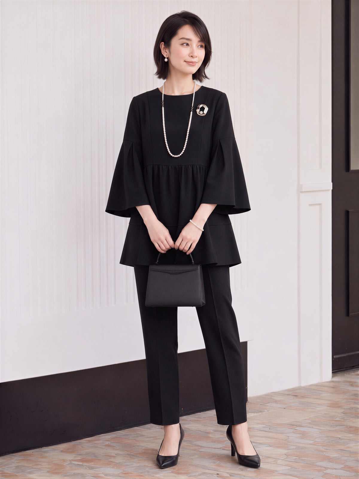 「秋季新品 」「兩色」S-2XL 品質兩件式 喇叭袖高腰剪接氣質 上衣+褲子