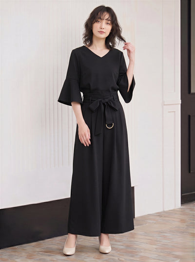 喇叭袖V領寬褲長褲兩件套裝-黑色-2XL