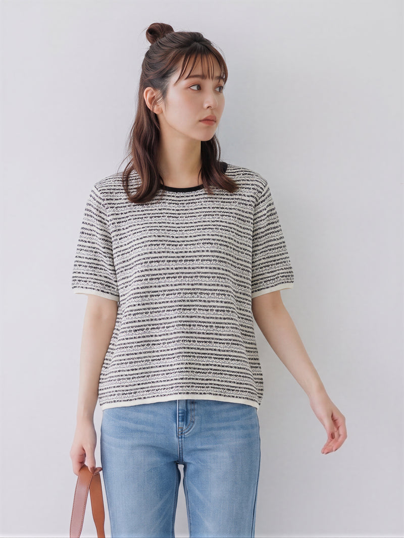 S~XL 柔軟不紮身黑白紋理 | 圓領短袖針織衫