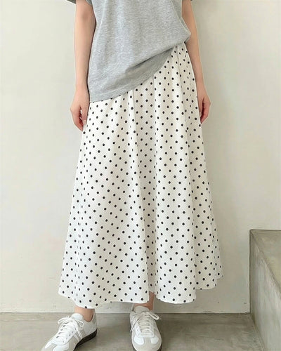 波點印花 高腰鬆緊 長款A字半身裙