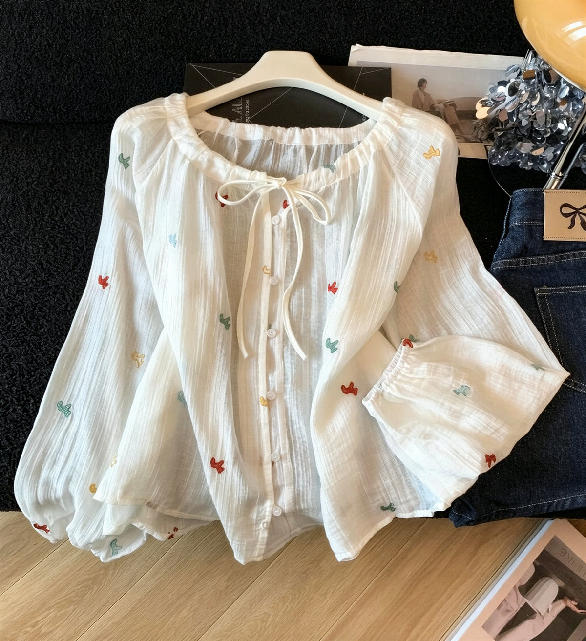 S-XL 白色荷葉邊 | 綁帶刺繡襯衫