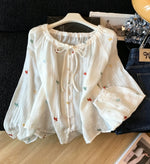 S-XL 白色荷葉邊 | 綁帶刺繡襯衫