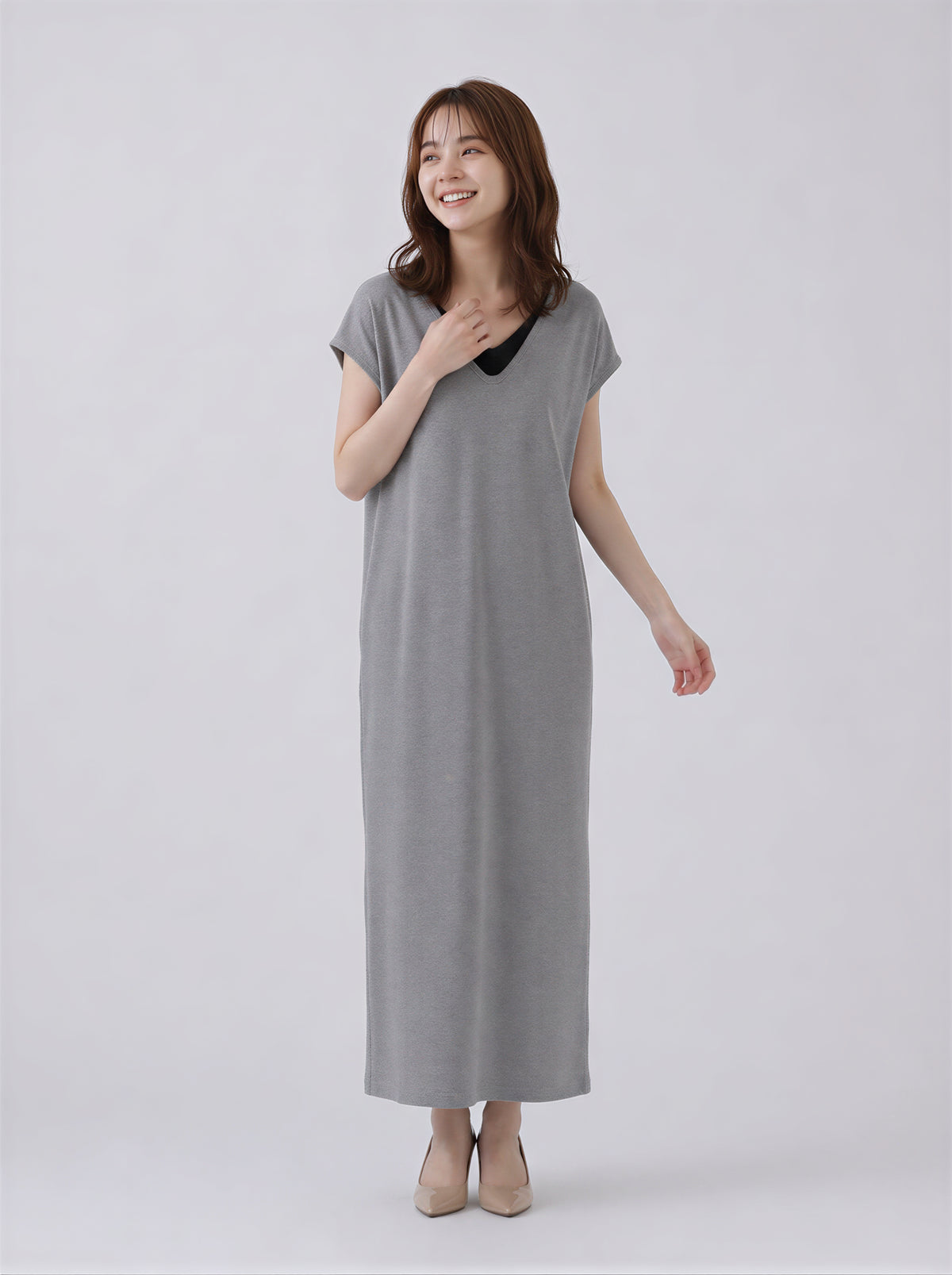 M-2XL 層疊V領直筒長版洋裝