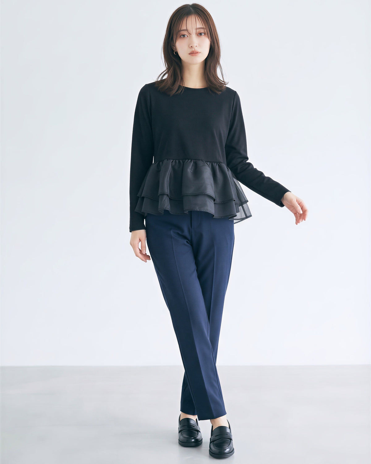 「秋季新品 」「3色」M-L 網紗拼接荷葉下擺假兩件長袖T恤